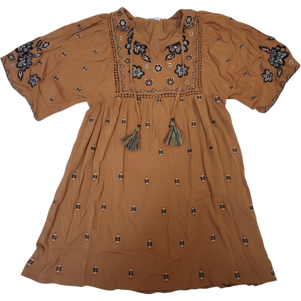 Coco + Jaimeson Womens Rust Orange Boho Embroidered Tassel Babydoll Mini Dress M